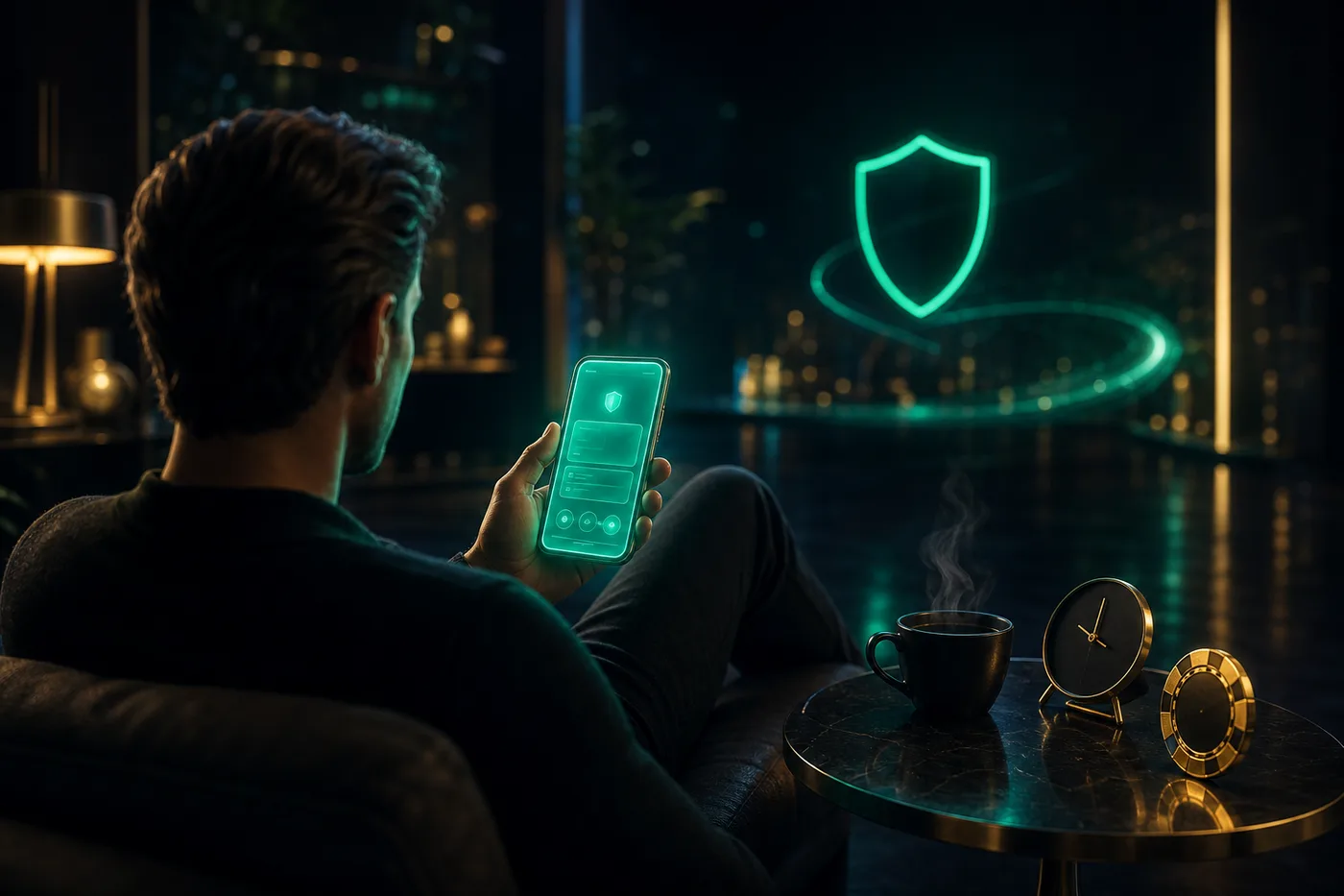 Persona relajada con su celular en casa, disfrutando del juego con moderación